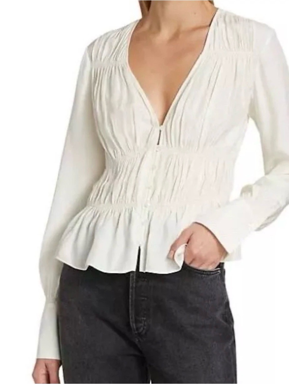Frame Denim Cream Smocked Peplum Button-Front Blouse